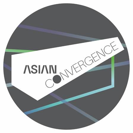 Asia convergence logo, a dark gray circle with intersecting coloured lines.