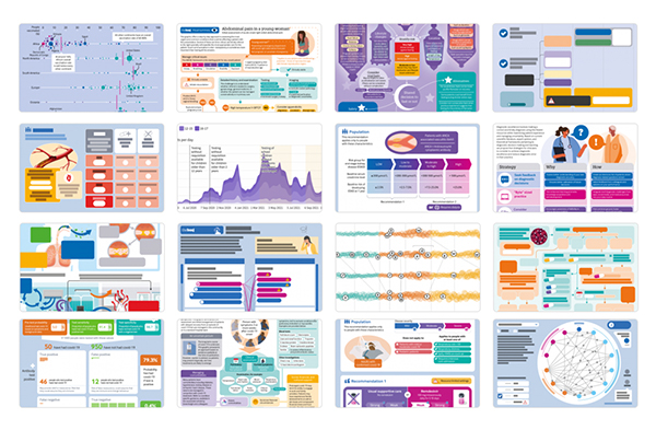 Grid of 16 colourful Infographics, none of them are readable in detail.